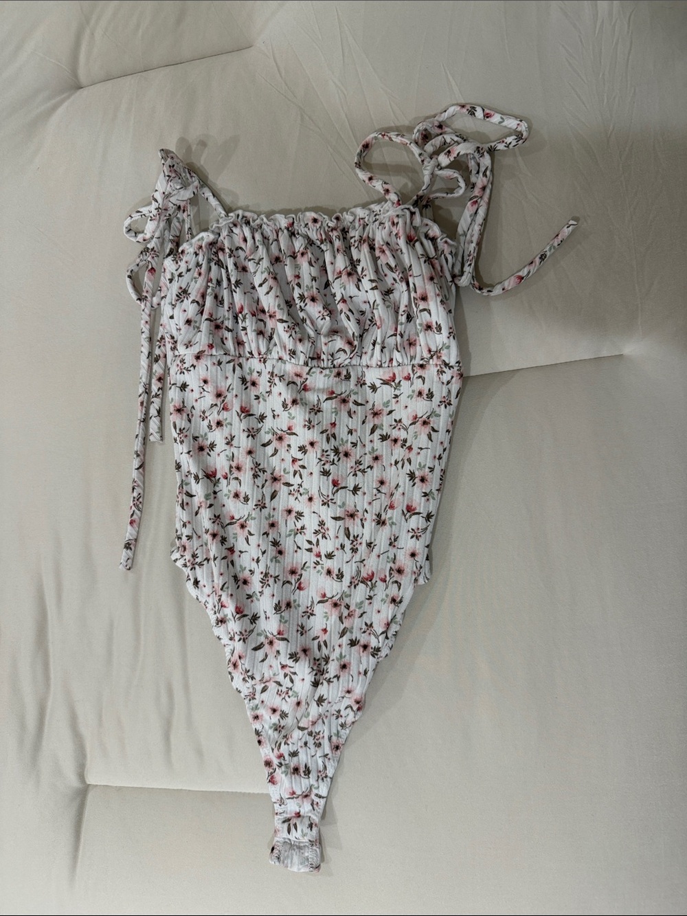 White Floral Ribbed Bodysuit with Pink Accent Flowers